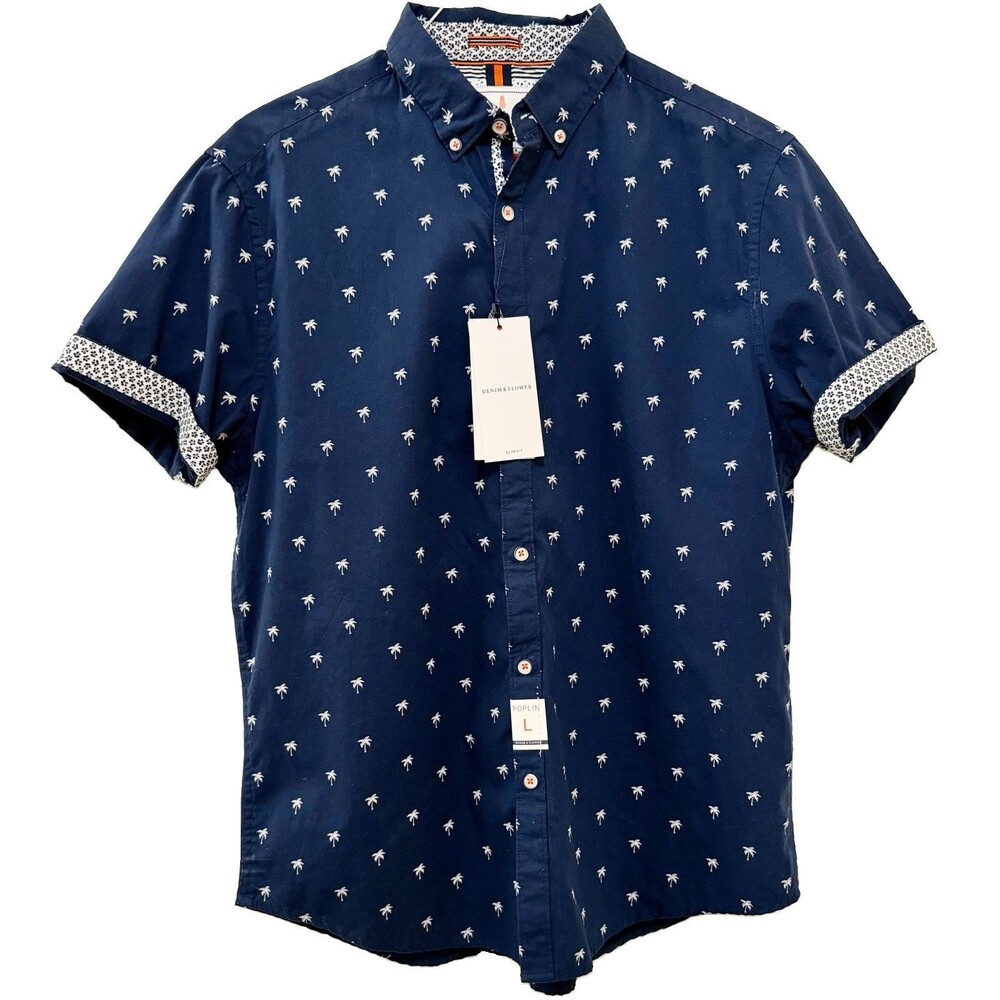 NWT Denim & Flower Ricky Singh Mens L Slim Fit Palm Tree Poplin Shirt Blue